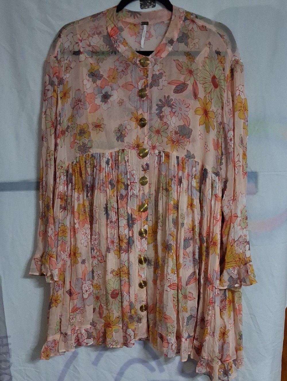 Free People Peach Floral Long Sleeve Button Front Dress